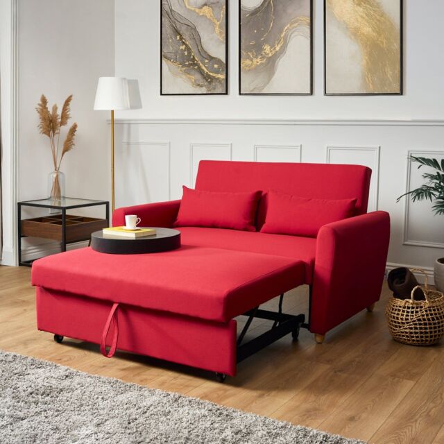 Bravich LTD Dahlia 2 Seater Linen Sofa Bed Convertible Guest Bed Settee in Red - image 1