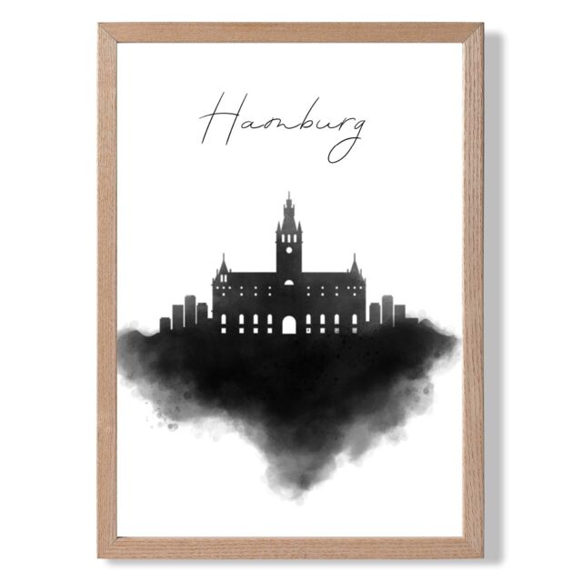 ARTZE Hamburg Watercolour Skyline City Framed Print SIZE: A3 with Oak Frame in Black - Size: A4 - image 1