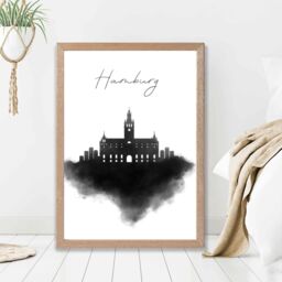 ARTZE Hamburg Watercolour Skyline City Framed Print SIZE: A3 with Oak Frame in Black - Size: A4 - thumbnail 2