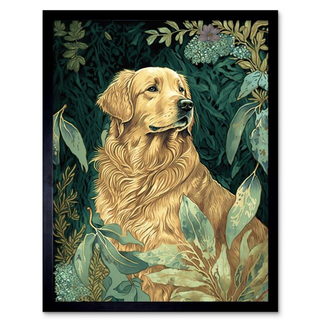 "Artery8 Wall Art Print Golden Retriever Dog in Nature Modern Watercolour Art Framed in Black - Size: W12"" x H16""" - image 1