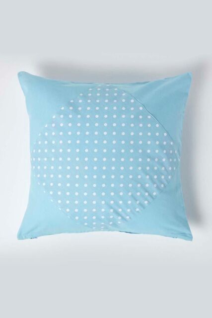 Homescapes Cotton Plain & Polka Dots Cushion Cover in Blue - Size: 45 cm x 45 cm - image 1