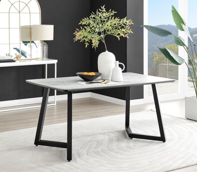 FurnitureboxUK Carson 160cm White Marble Effect Large Dining Table with Black Legs - image 1