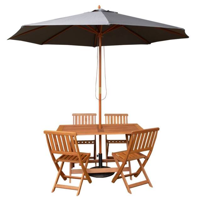 Samuel Alexander 4 Person Folding Wooden Dining Table Chairs Grey Parasol & Base in Brown - image 1