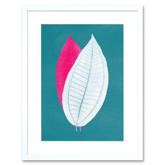 "Artery8 Wall Art Print Bright Coloured Leaf Teal Art Black Framed 9x7 inch in White - Size: W7"" x H9""" - image 1
