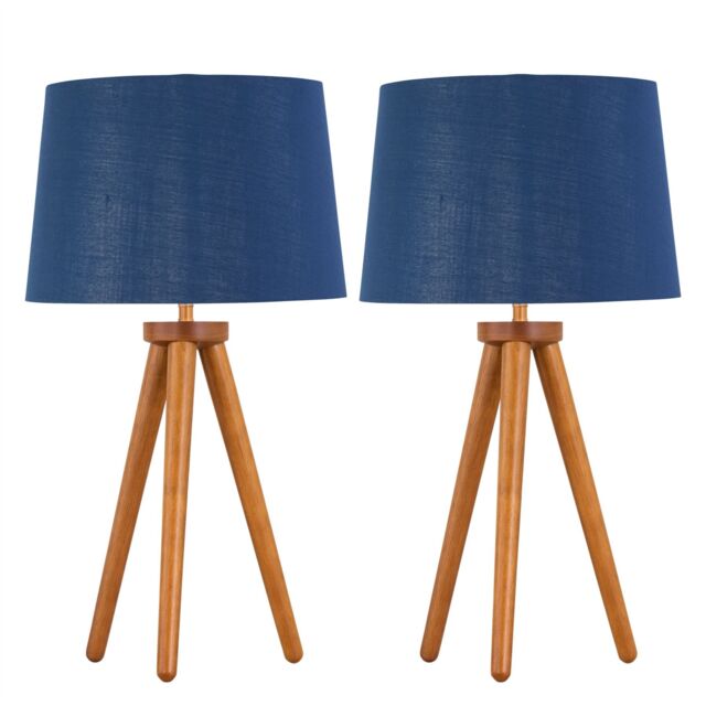 First Choice Lighting Set of 2 Dark Oak Table Lamp or Bedside Lights with Navy Silver Shades in Brown - image 1