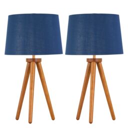 First Choice Lighting Set of 2 Dark Oak Table Lamp or Bedside Lights with Navy Silver Shades in Brown