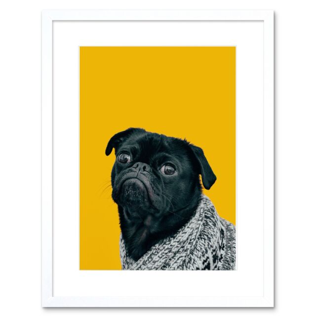 "Artery8 Wall Art Print Deluvio Pug Dog Puppy in Sweater Framed in White - Size: W7"" x H9""" - image 1