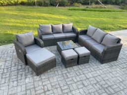 Fimous Outdoor Rattan Garden Furniture Set Conservatory Patio Sofa Coffee Table With Reclining Chair 3 Footstools Dark Grey Mixed - thumbnail 2