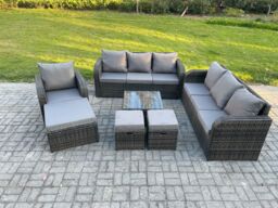 Fimous Outdoor Rattan Garden Furniture Set Conservatory Patio Sofa Coffee Table With Reclining Chair 3 Footstools Dark Grey Mixed - thumbnail 1