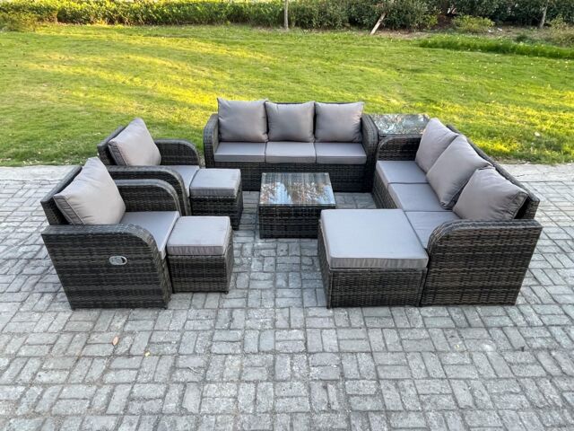 Fimous High Back Rattan Garden Furniture Set with Square Coffee Table 3 Footstools Side Table Indoor Outdoor Patio Lounge Sofa Set in Dark Grey - image 1