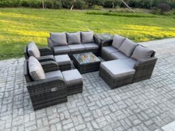 Fimous High Back Rattan Garden Furniture Set with Square Coffee Table 3 Footstools Side Table Indoor Outdoor Patio Lounge Sofa Set in Dark Grey - thumbnail 2