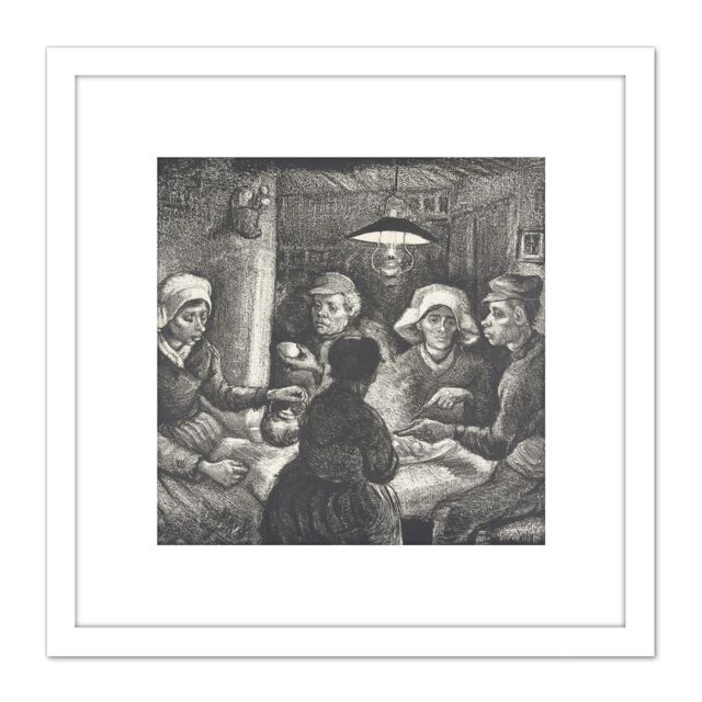 Artery8 Vincent Van Gogh De Aardappeleters Black & White 8X8 Inch Square Wooden Framed Wall Art Print Picture with Mount - image 1