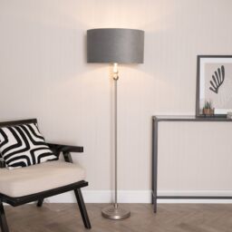 ValueLights Maggie Chrome Candlestick Floor Lamp with Grey Velvet & Chrome Shade & Bulb