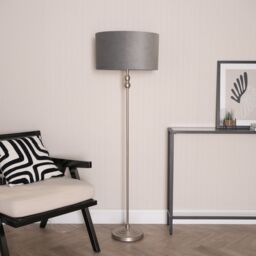 ValueLights Maggie Chrome Candlestick Floor Lamp with Grey Velvet & Chrome Shade & Bulb - thumbnail 3