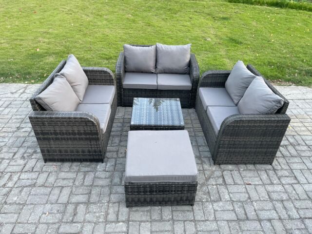 Fimous Outdoor Garden Furniture Sets 7 Seater Wicker Rattan Furniture Sofa Sets with Square Coffee Table Love seat Sofa Big Footstool in Dark Grey - image 1