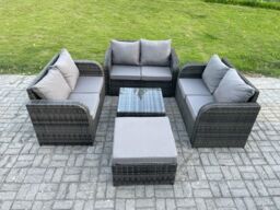 Fimous Outdoor Garden Furniture Sets 7 Seater Wicker Rattan Furniture Sofa Sets with Square Coffee Table Love seat Sofa Big Footstool in Dark Grey - thumbnail 1