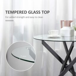 HOMCOM Round Side Table with Tempered Glass Top & Metal Legs in Black - thumbnail 4