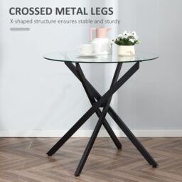HOMCOM Round Side Table with Tempered Glass Top & Metal Legs in Black - thumbnail 5