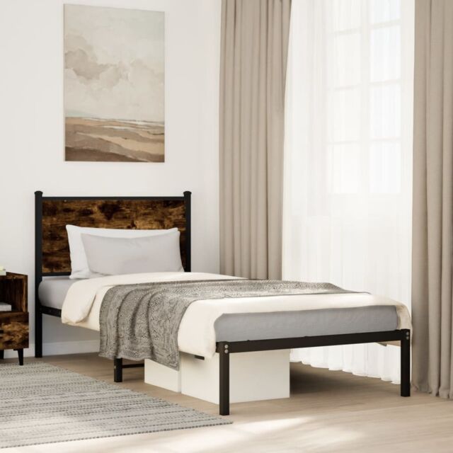 Berkfield Home Metal Bed Frame without Mattress Smoked Oak 75x190 cm Small Single in Brown - image 1