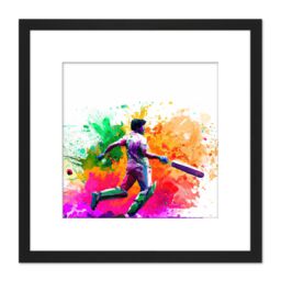 Artery8 Indian Cricket Batsman Sports Colour Burst Splatter Orange Pink Painting Square Wooden Framed Wall Art Print Picture 8X8 Inch in Black - thumbnail 1