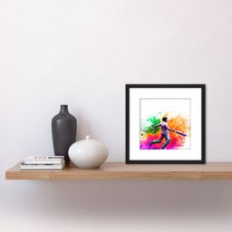 Artery8 Indian Cricket Batsman Sports Colour Burst Splatter Orange Pink Painting Square Wooden Framed Wall Art Print Picture 8X8 Inch in Black - thumbnail 2