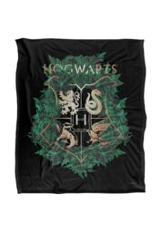 Warner Brothers Harry Potter Hogwarts Green & Gold Floral Crest Blanket 152 x 127 cm in White