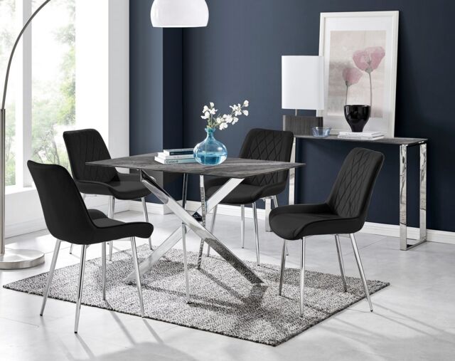 FurnitureboxUK Leonardo Grey Glass Marble Effect Silver Leg Table & 4 Pesaro Silver Chairs in Black - image 1