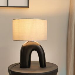 ValueLights Lia Fabric Drum Lamp Shade Black Arch Abstract Ceramic Table Lamp in Grey