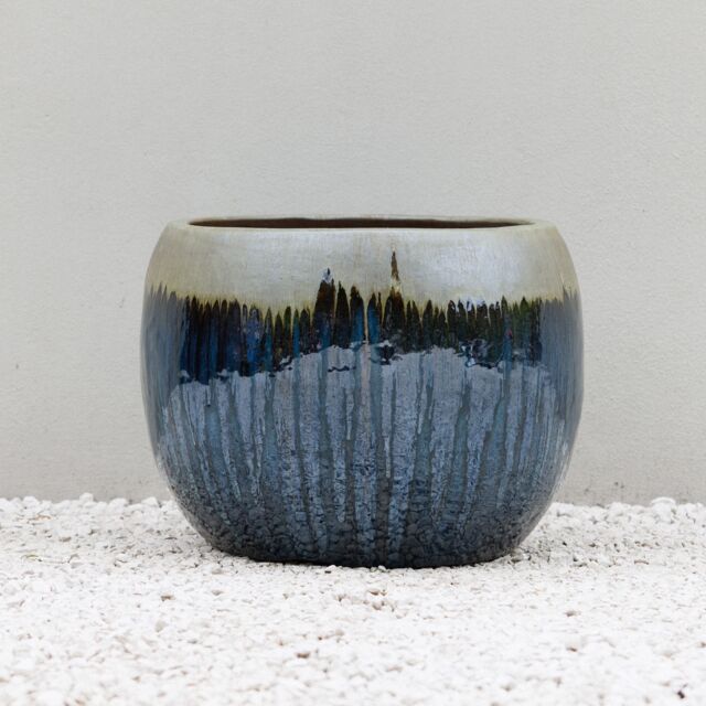 Primrose Glazed Round Outdoor Clay Planter in Two Tone Blue & Gold 40cm - image 1