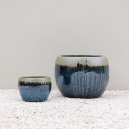 Primrose Glazed Round Outdoor Clay Planter in Two Tone Blue & Gold 40cm - thumbnail 3