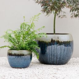 Primrose Glazed Round Outdoor Clay Planter in Two Tone Blue & Gold 40cm - thumbnail 4