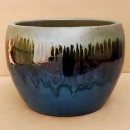 Primrose Glazed Round Outdoor Clay Planter in Two Tone Blue & Gold 40cm - thumbnail 9