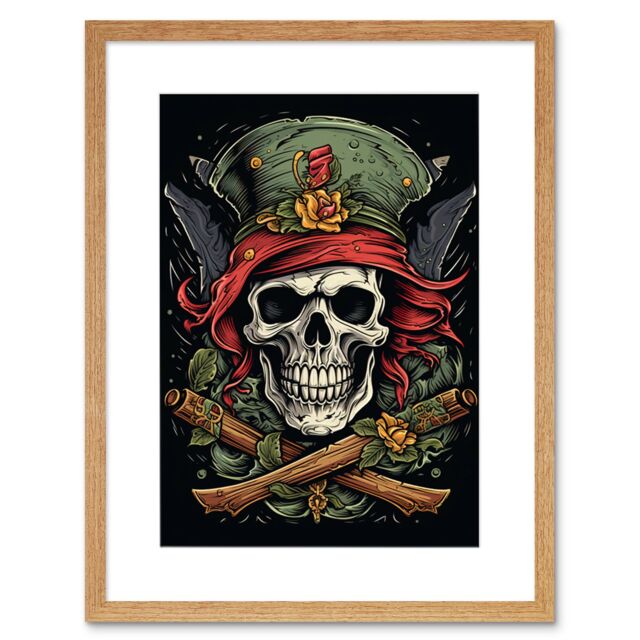 "Artery8 Wall Art Print Pirate Skull Hat Old School USA Tattoo Ink Body Rockabilly Americana 50s Artwork Framed 9X7 Inch in Beige - Size: W7"" x H9""" - image 1