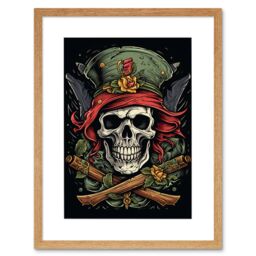 "Artery8 Wall Art Print Pirate Skull Hat Old School USA Tattoo Ink Body Rockabilly Americana 50s Artwork Framed 9X7 Inch in Beige - Size: W7"" x H9""" - thumbnail 1