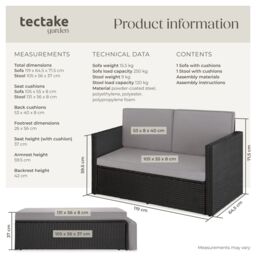 tectake Garden Sofa Corfu in Black - Size: 2 Seater - thumbnail 6