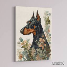 "Artery8 Doberman Dog With Wild Flowers Boho Canvas Wall Art Print - Size: W18"" x H24""" - thumbnail 2