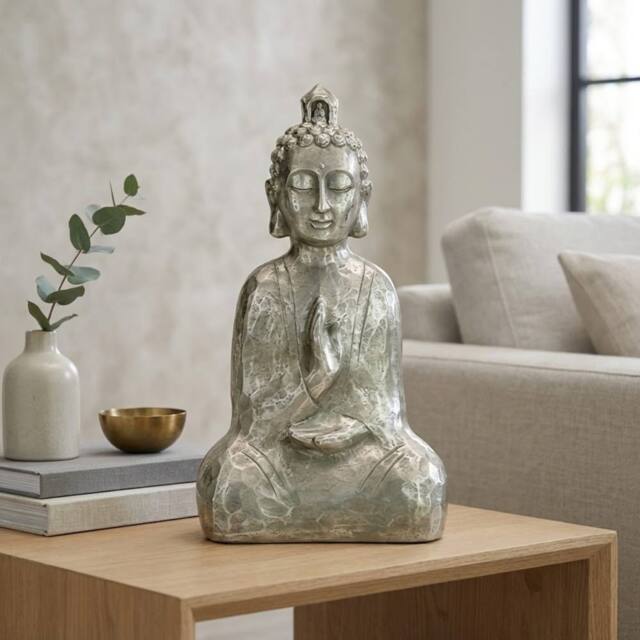 Garden Greatness Artistic Carved Sitting Buddha Ornament in Silver - Size: 1 Pack - image 1