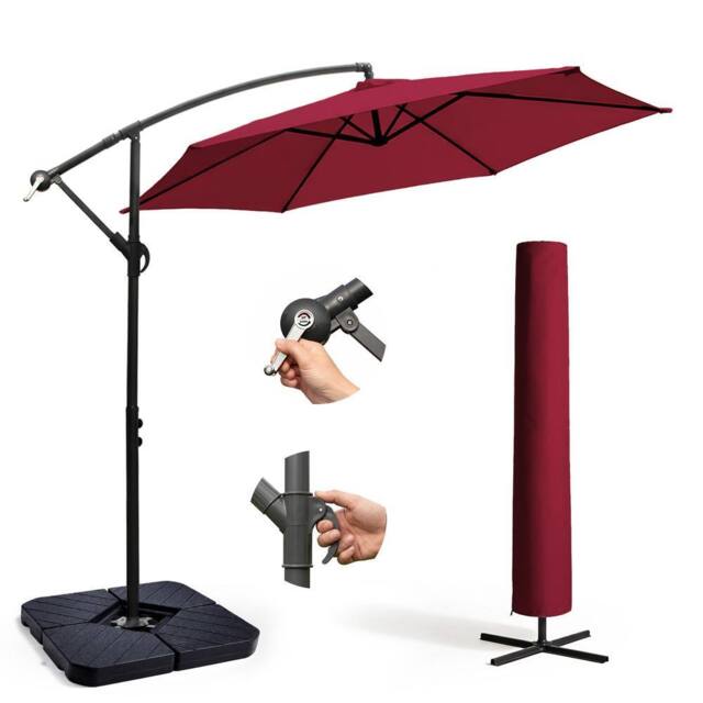 Keplin 3M Cantilever Garden Parasol with Cover & 4pc Fillable Base Set in Dark Red
