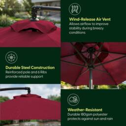 Keplin 3M Cantilever Garden Parasol with Cover & 4pc Fillable Base Set in Dark Red - thumbnail 5