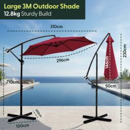 Keplin 3M Cantilever Garden Parasol with Cover & 4pc Fillable Base Set in Dark Red - thumbnail 8