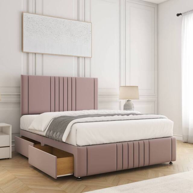 "BSSPOKE Hazel Plush Velvet Divan Bed Set 24"" Headboard & 4Drawers Mattress in Pink - Size: Double" - image 1