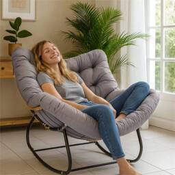 Kelvenix Grey Garden Rocking Chair - Rattan Wicker Egg Chair Cushioned Seat - thumbnail 2