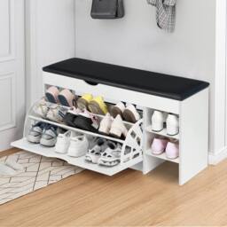 VOGREX Shoe Bench Cabinet With Seat Flip Drawer Side Storage Shelf in White - thumbnail 4