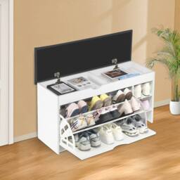 VOGREX Shoe Bench Cabinet With Seat Flip Drawer Side Storage Shelf in White