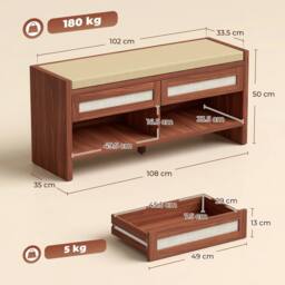 HOMCOM Shoe Bench with 2 Rattan Drawers Cushion Brown - thumbnail 3