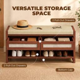 HOMCOM Shoe Bench with 2 Rattan Drawers Cushion Brown - thumbnail 5