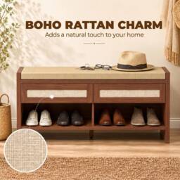 HOMCOM Shoe Bench with 2 Rattan Drawers Cushion Brown - thumbnail 4
