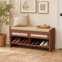 HOMCOM Shoe Bench with 2 Rattan Drawers Cushion Brown - thumbnail 2