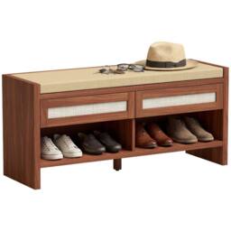 HOMCOM Shoe Bench with 2 Rattan Drawers Cushion Brown - thumbnail 1