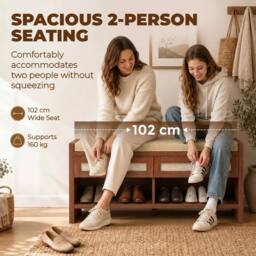 HOMCOM Shoe Bench with 2 Rattan Drawers Cushion Brown - thumbnail 6